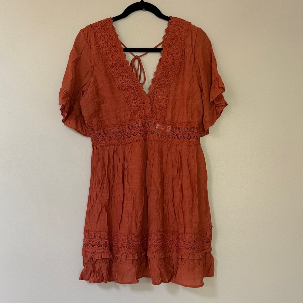 Wishlist Rust Orange Crochet-Trim V-Neck Dress